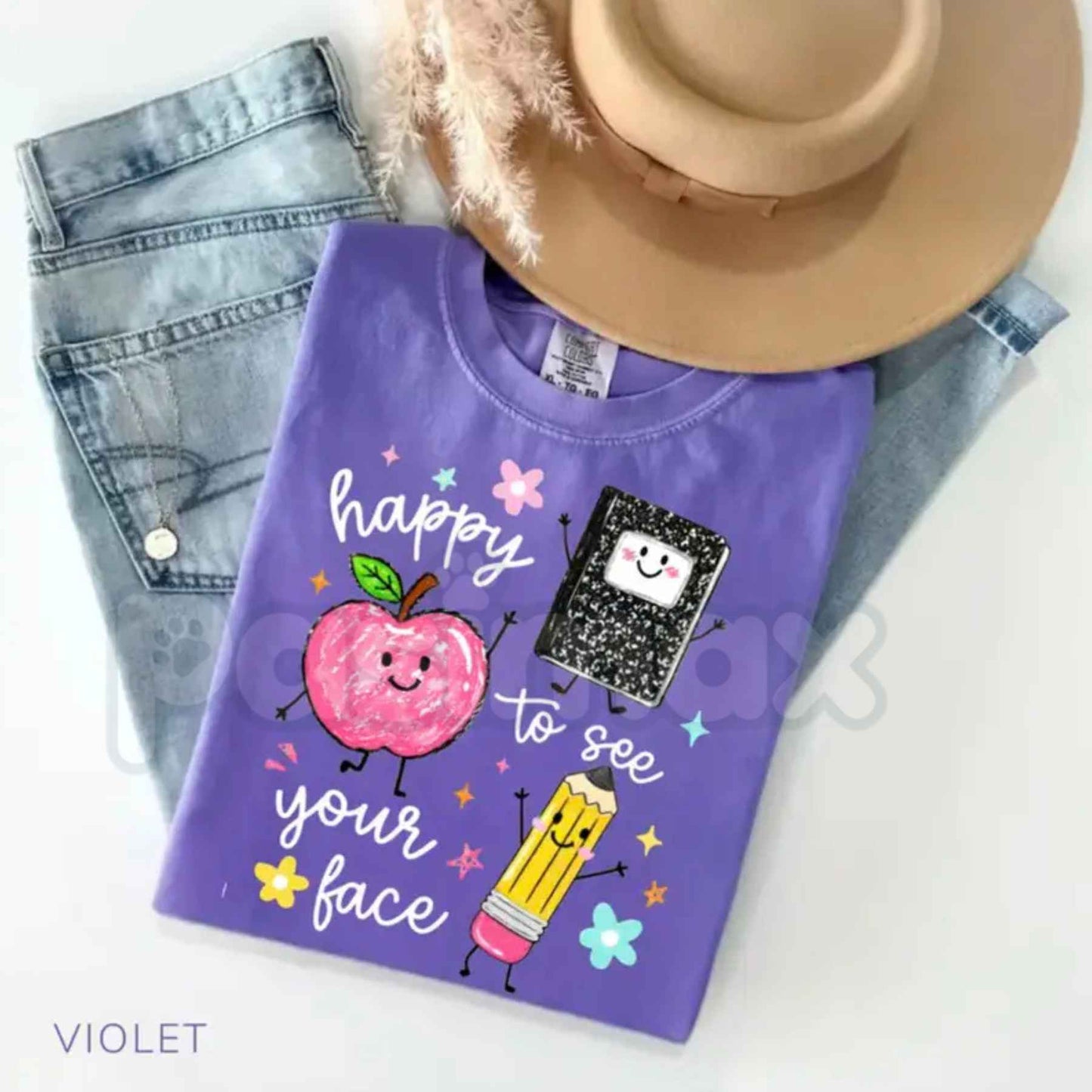 Comfort Colors® "Happy To See Your Face" T-Shirt – Retro Aesthetic Preschool Teacher Graphic Tee, Cute Back to School Gift, Whimsical Classroom Mascot Unisex Top