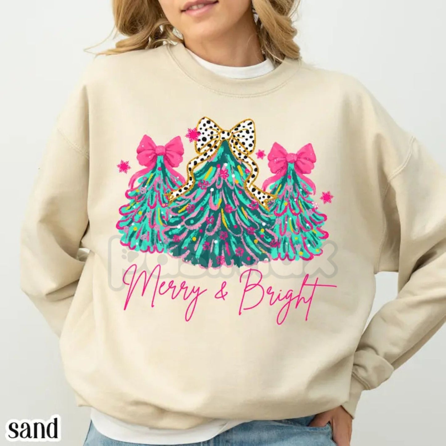 The Pink Christmas Aesthetic: "Merry & Bright" Tree Sweatshirt with Festive Lights & Bows