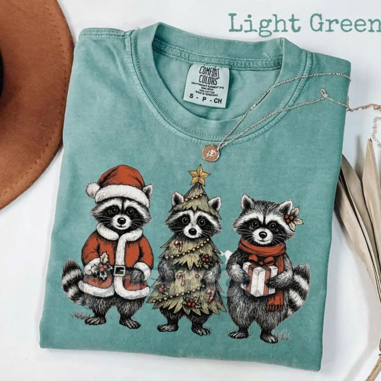 Comfort Colors® Festive Raccoon Family T-Shirt – Adorable Woodland Christmas Tee, Santa Hat Animal Gift
