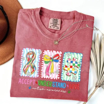 Comfort Colors® Autism Accept, Understand, Love T-Shirt – Trendy Coquette Bow Autism Mama Graphic Tee, Puzzle Piece Faith & Love Awareness Shirt