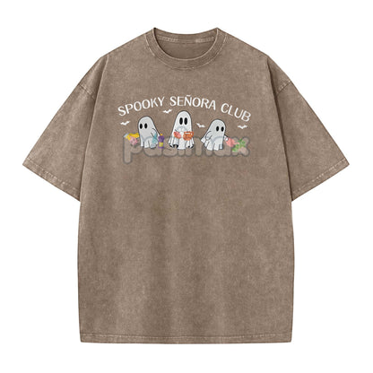 "Spooky Señora Club" Vintage Acid Wash T-Shirt – Unisex Graphic Shirt, Retro Vibe