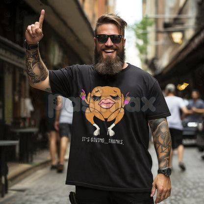 "It’s Giving Thanks" Thanksgiving Vibe Check T-Shirt - Modern Internet Humor Tee, Funny Turkey Day Streetwear, Viral Slang Apparel
