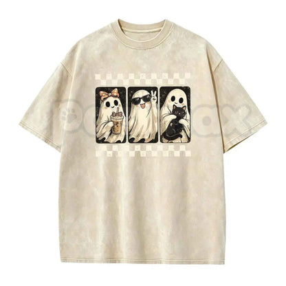Spooky Theme Short Sleeve Tee – Halloween Black Cat & Ghost Collage Graphic Shirt, Vintage Washed Lightweight Cotton Unisex Casual Wear