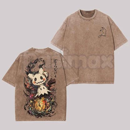Mimikyu Ghost Vintage Washed Graphic Tee – Retro Anime Spooky Graphic T-Shirt, Vintage Washed Lightweight Cotton Unisex Streetwear Top