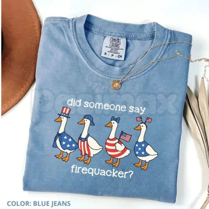 Comfort Colors® "Firequacker" Goose T-Shirt – Funny 4th of July Graphic Tee, Patriotic American Flag Shirt, Silly Retro USA Duck Cotton Top