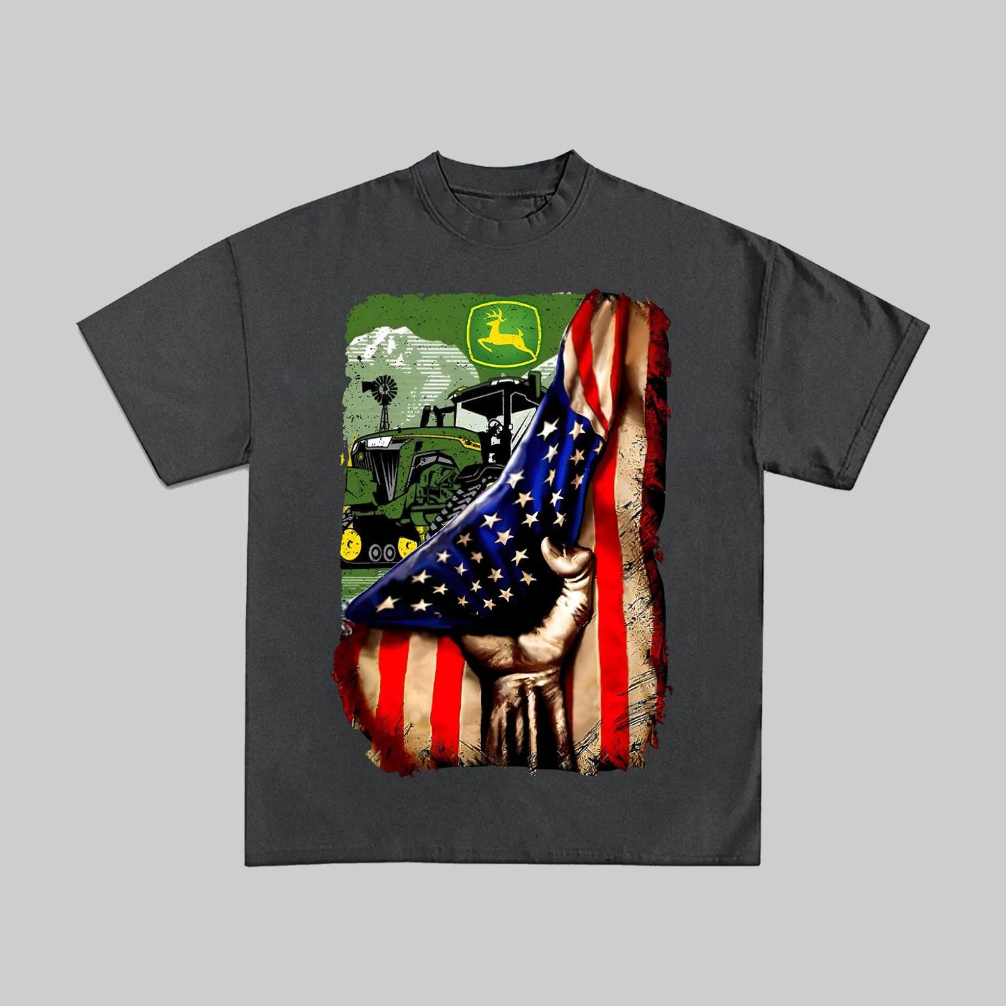 American Farm Pride T-Shirt - John Deere Tractor & US Flag Graphic, Outfit for Farmers