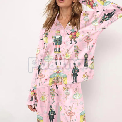 Silky Nutcracker Christmas Pajama Set for Women - Elegant Ballet Print Loungewear & Holiday Sleepwear