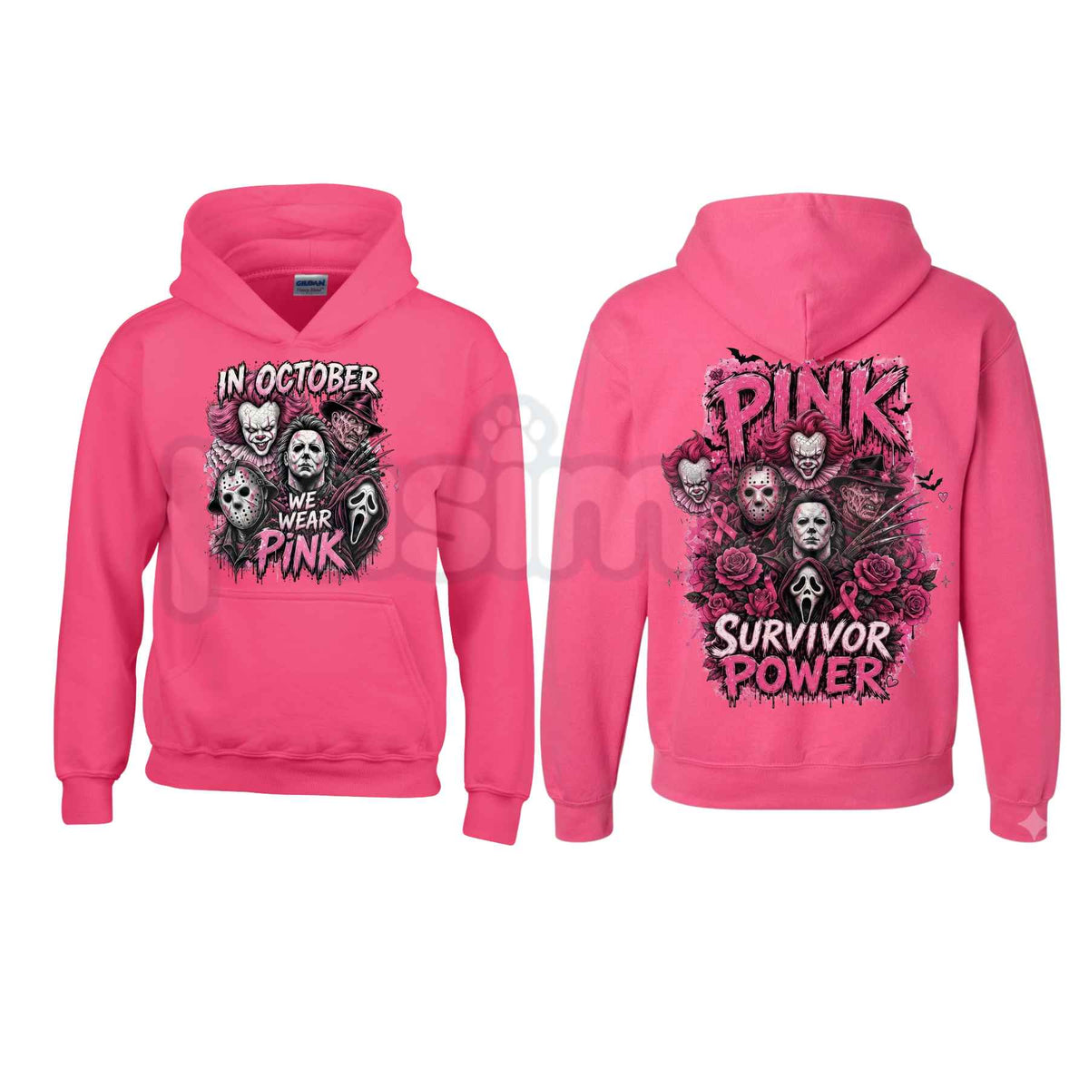 Heliconia Horror October Hoodie – In October We Wear Pink Scary Movie Character Pumpkin Bat Graphic Pullover, Halloween Breast Cancer Awareness Sweatshirt