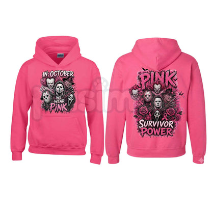 Heliconia Horror October Hoodie – In October We Wear Pink Scary Movie Character Pumpkin Bat Graphic Pullover, Halloween Breast Cancer Awareness Sweatshirt