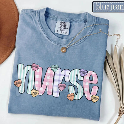 Comfort Colors® Groovy Nurse Valentine’s Tee – Retro Candy Heart Nursing Shirt, Boho Healthcare V-Day Gift, Vintage Pastel Medical T-Shirt
