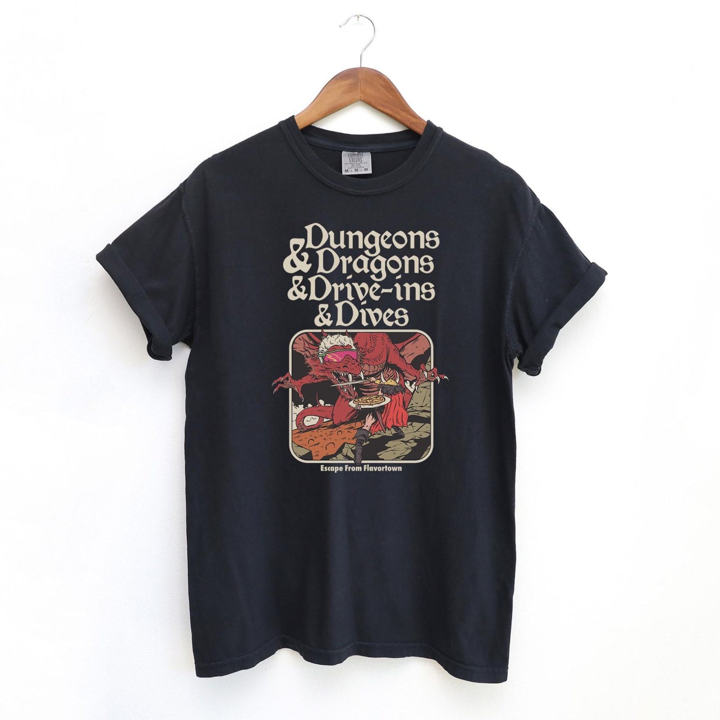 Vintage Food & Fantasy Tee – Dungeons and Dragons and Drive-Ins T-Shirt, Funny Comfort Colors Shirt, Retro Gamer Top, Fantasy RPG Gift