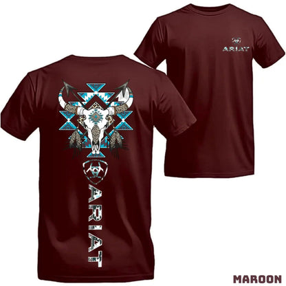 Ariat Western Bull Skull T-Shirt - Tribal Graphic with Turquoise Accents, Rodeo Style Gift Tee