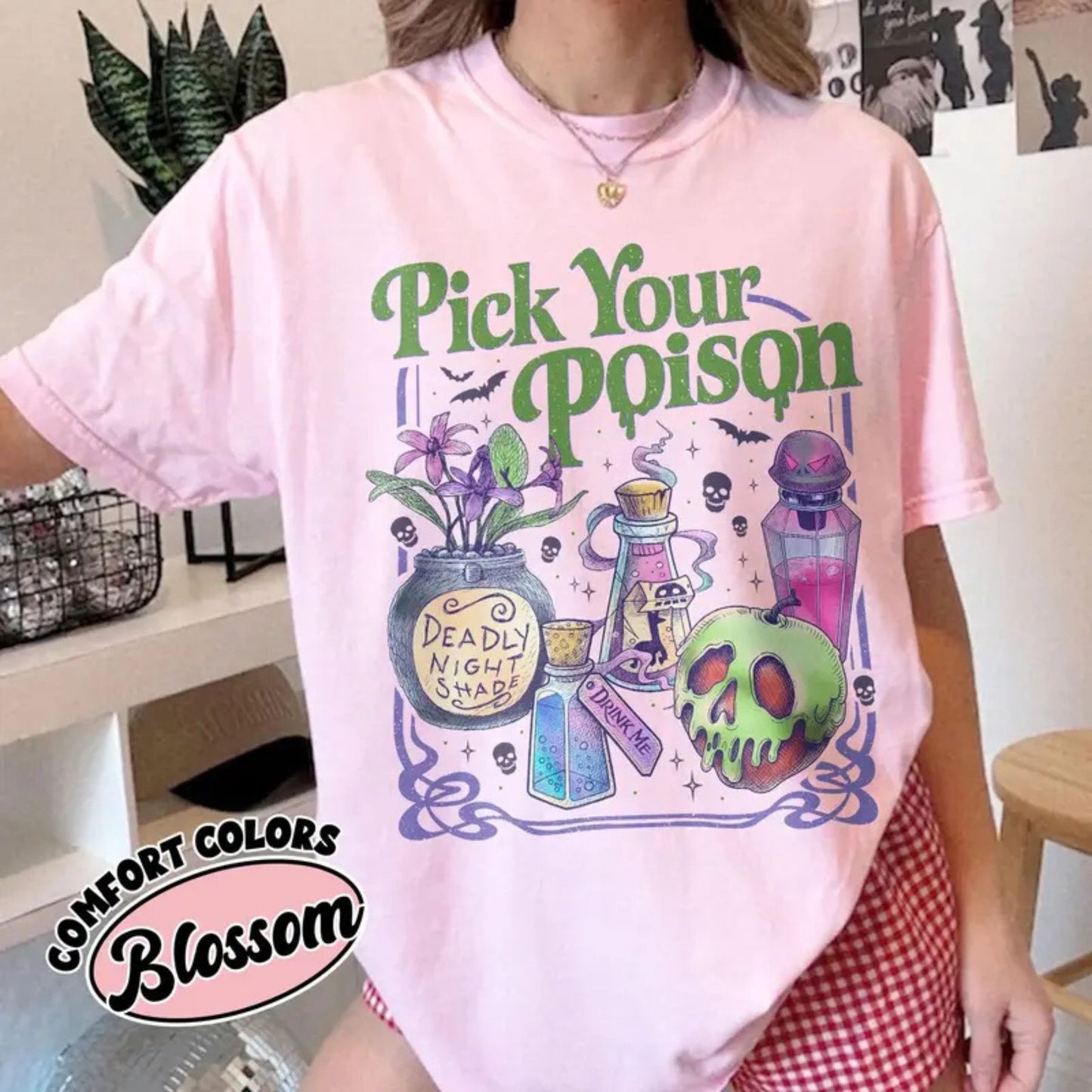'Pick Your Poison' Vintage Disney Villain Tee – Halloween Potion Shirt, Wicked Humor Top, Spooky Retro Apparel