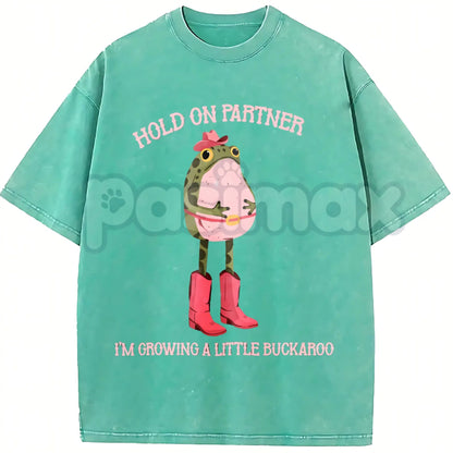 Hold On Partner I'm Growing A Little Buckaroo T-Shirt – Cowboy Baby Western Pregnancy Announcement, Lightweight Retro Cotton Graphic Tee