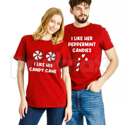 I Like Her Peppermint Candies & I Like His Candy Cane T-Shirts – Funny Christmas Couples Matching Holiday Graphic Tees