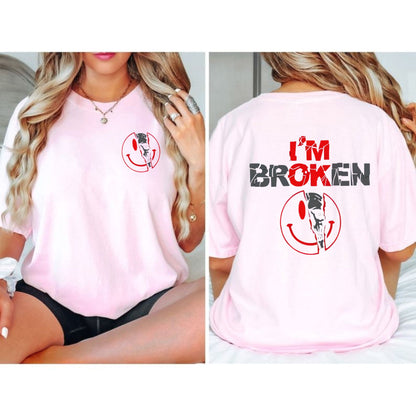 2-Sided "I'm Broken" Shirt - Horror Smile & Broken Heart Graphic Tee, Unisex Sweater