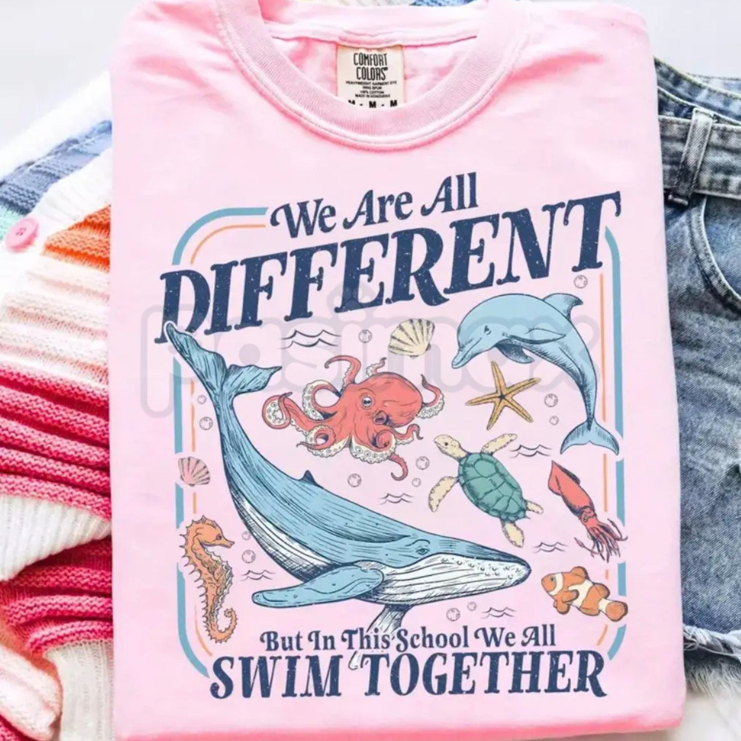 Comfort Colors® "In This School We All Swim Together" Teacher Shirt – Colorful Under the Sea Inclusion Tee, Special Education SPED Advocate Top, Kindergarten Classroom Gift