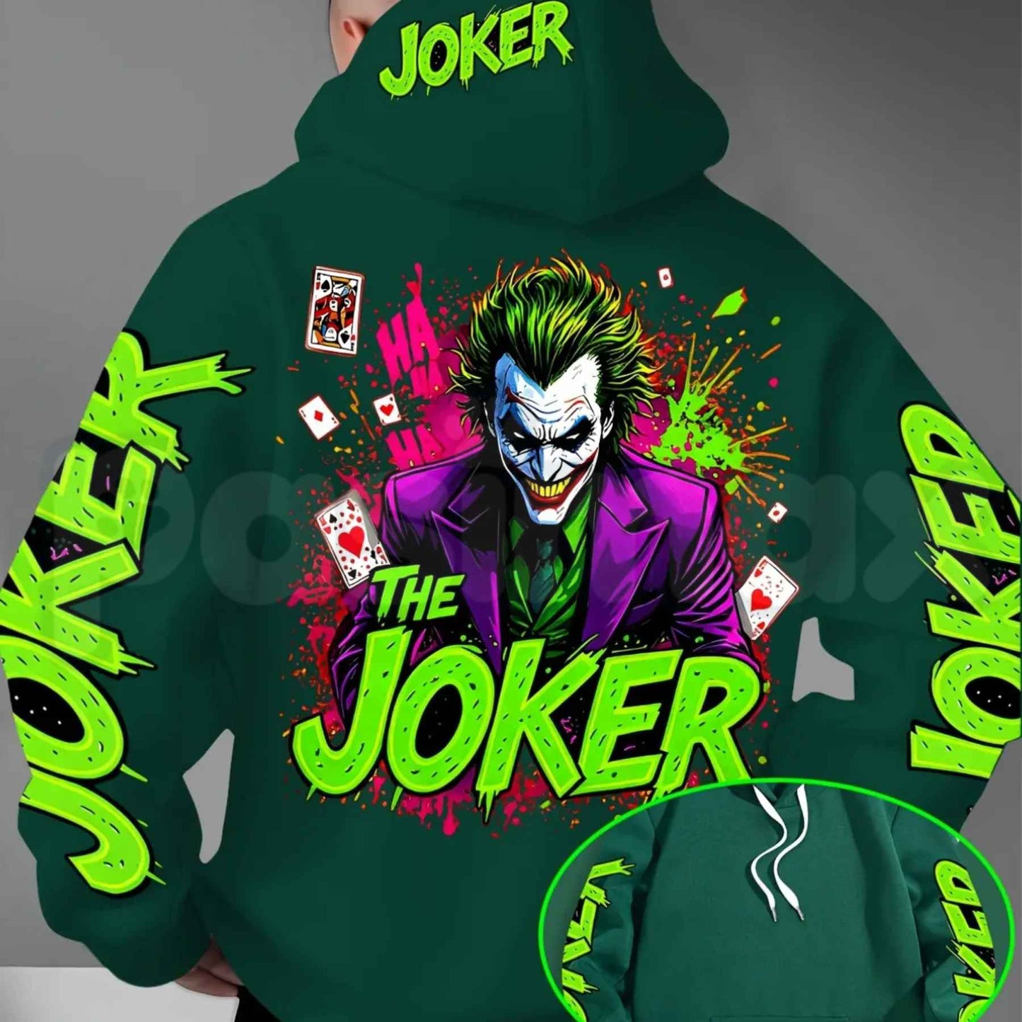 Men's Fluorescent Joker Print Hoodie – Neon Villain Graphic Pullover, Edgy Streetwear Cyberpunk Sweatshirt, Spooky Dark Comedy Gift