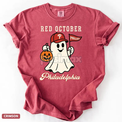 Comfort Colors® 'Red October' Halloween Ghost T-Shirt – Spooky Baseball Philadelphia Tee, Phillies Fan Outfit, Vintage Halloween Shirt