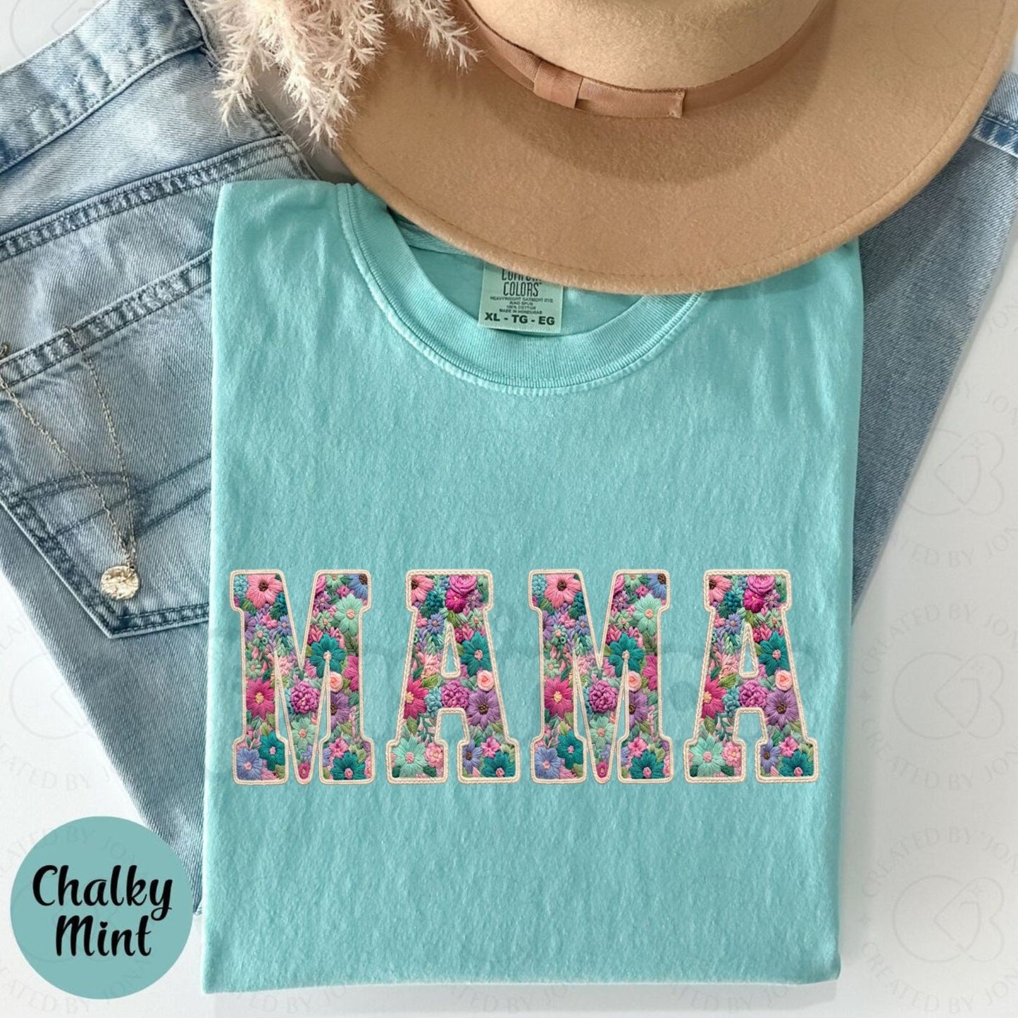 Comfort Colors® Faux Embroidery Effect Mama T-Shirt – Trendy Vintage Style Mother's Day Gift, Minimalist Boutique Mama Graphic Tee, Not Real Embroidery
