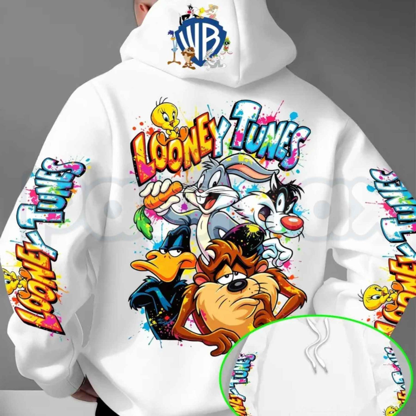 Men's Looney Tunes Back Print Hoodie – Vintage Cartoon Character Graphic Pullover, Retro Streetwear Long Sleeve Sweatshirt