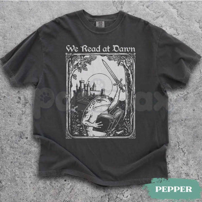 Comfort Colors® We Read at Dawn T-Shirt – Bookish Funny Frog Reading Graphic Tee, Weirdcore Medieval Unisex Top & Gift