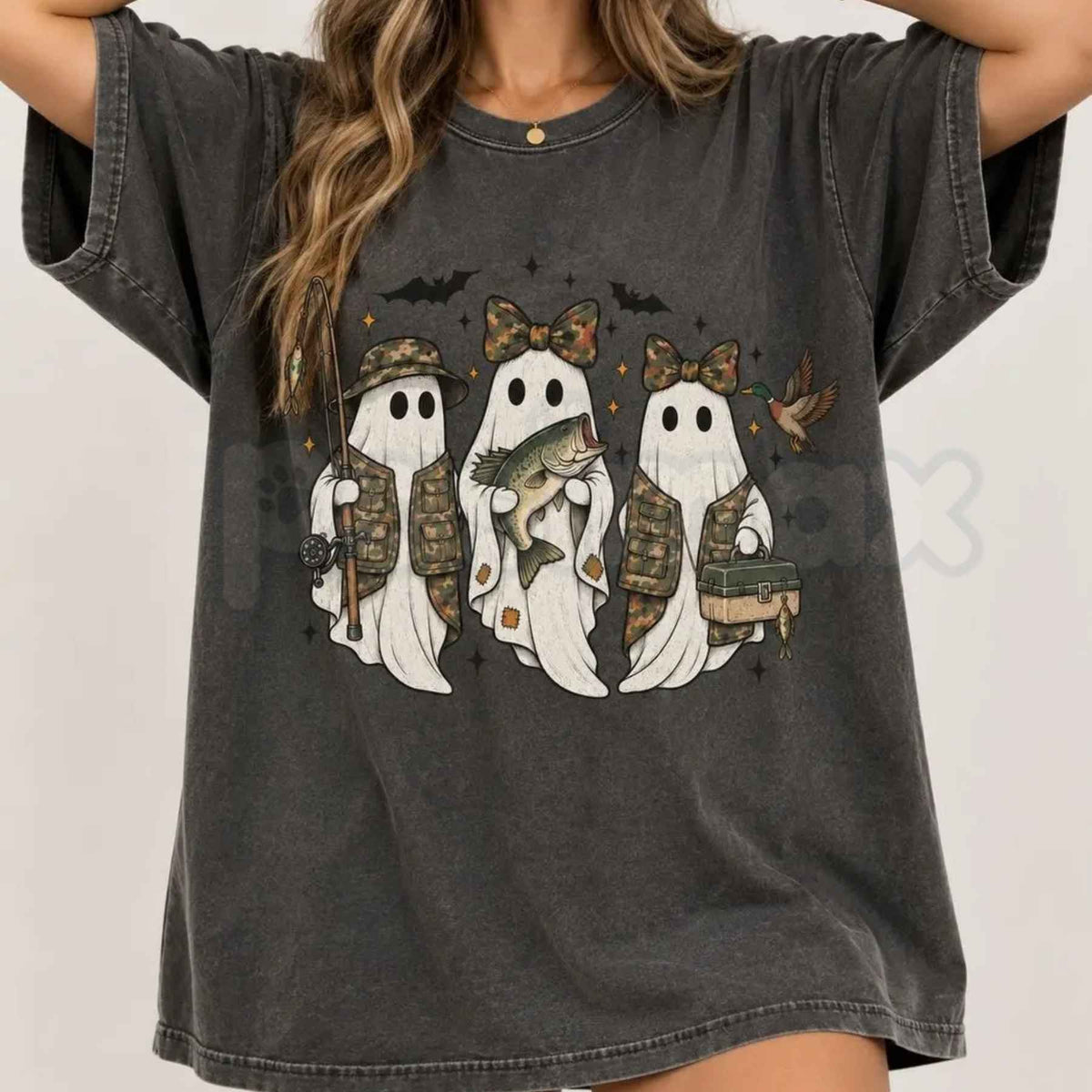 Comfort Colors® Fishing Season Ghosts T-Shirt – Camo Ghost Fishing Halloween Graphic Tee, Retro Outdoorsman Unisex Top & Gift