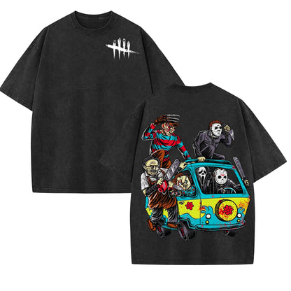 Halloween Scary Cartoon Character Print Dead By Daylight – Washed Tee, Cotton Menswear Top