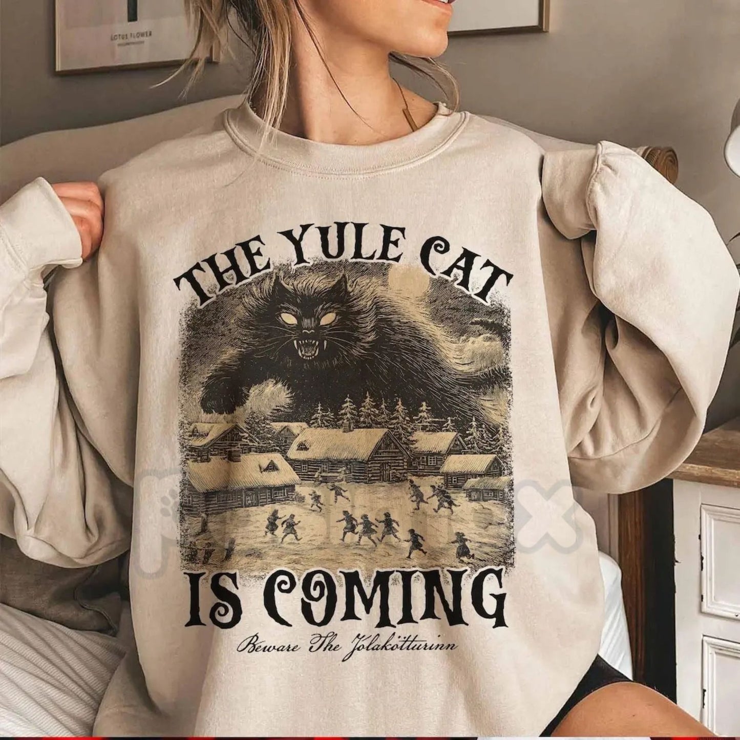 The Yule Cat Is Coming Sweatshirt | Jólakötturinn Icelandic Folklore Jumper | Spooky Gothic Christmas Crewneck | Warning Holiday Gift