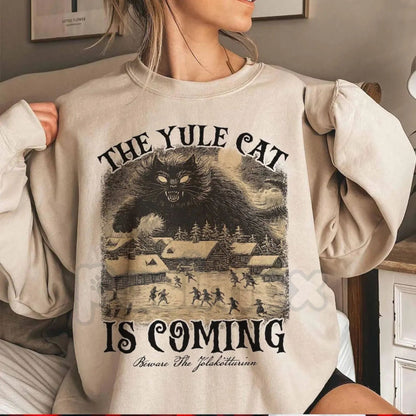 The Yule Cat Is Coming Sweatshirt | Jólakötturinn Icelandic Folklore Jumper | Spooky Gothic Christmas Crewneck | Warning Holiday Gift