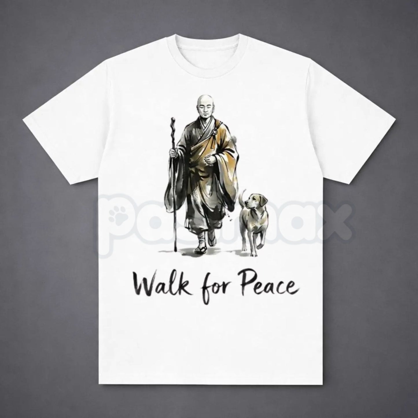 Aesthetic "Walk for Peace" Zen T-Shirt - Minimalist Monk and Dog Graphic Tee, Mindfulness Meditation Apparel, Spiritual Peace Pilgrimage Shirt, Zen Buddhism Inspired Streetwear