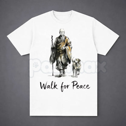 Aesthetic "Walk for Peace" Zen T-Shirt - Minimalist Monk and Dog Graphic Tee, Mindfulness Meditation Apparel, Spiritual Peace Pilgrimage Shirt, Zen Buddhism Inspired Streetwear