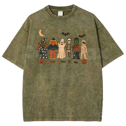 Unisex Witches, Pumpkin Scarecrows, Ghosts, Skeletons Halloween Graphic Washed T-Shirt – Retro Spooky Season Acid Wash Lightweight Cotton Tee