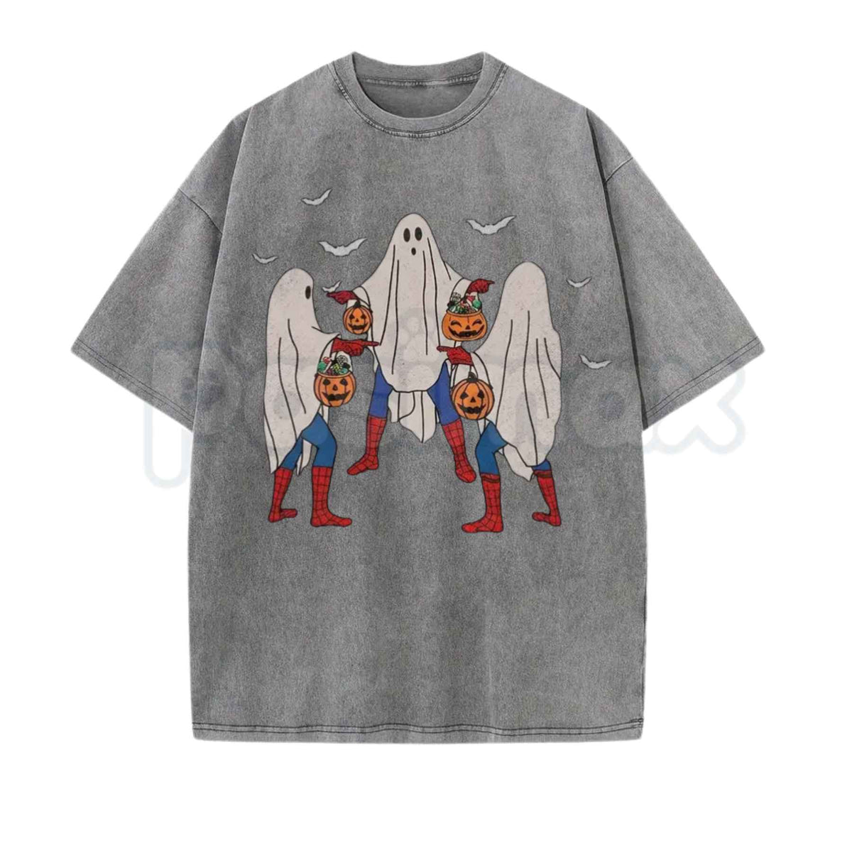 Vintage Wash Spooky Spiderman Ghost Costume Halloween Graphic Tee – Retro Superhero Spooky Season Shirt, Acid Wash Lightweight Cotton Unisex Top