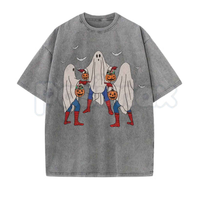 Vintage Wash Spooky Spiderman Ghost Costume Halloween Graphic Tee – Retro Superhero Spooky Season Shirt, Acid Wash Lightweight Cotton Unisex Top