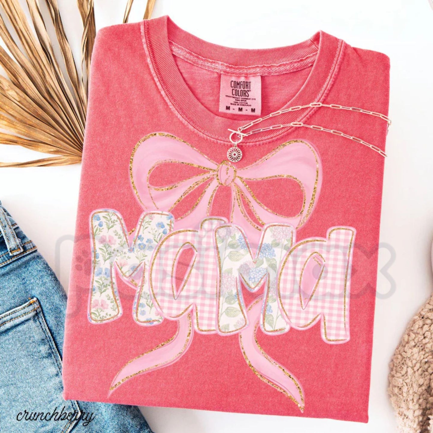 Comfort Colors® Floral "MAMA" T-Shirt – Trendy Spring Flower Mom Shirt, Aesthetic Blue and Pink Bow Tee, Preppy Pregnancy Reveal Gift for Her