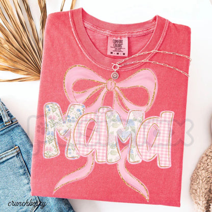 Comfort Colors® Floral "MAMA" T-Shirt – Trendy Spring Flower Mom Shirt, Aesthetic Blue and Pink Bow Tee, Preppy Pregnancy Reveal Gift for Her
