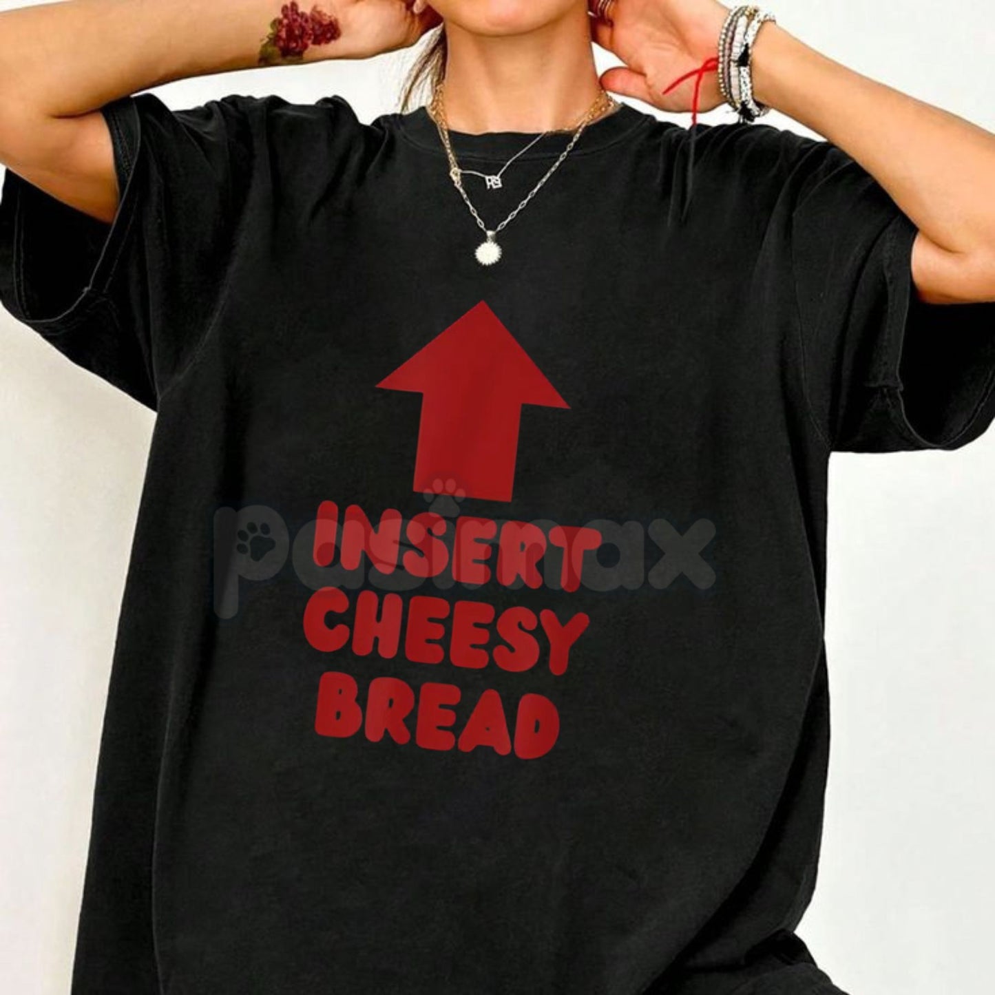 "Insert Cheesy Bread" Pointing Arrow T-Shirt - Funny Foodie Graphic Tee, Cheese Lover Humor Shirt, Gag Gift for Pizza Enthusiasts & Carb Lovers