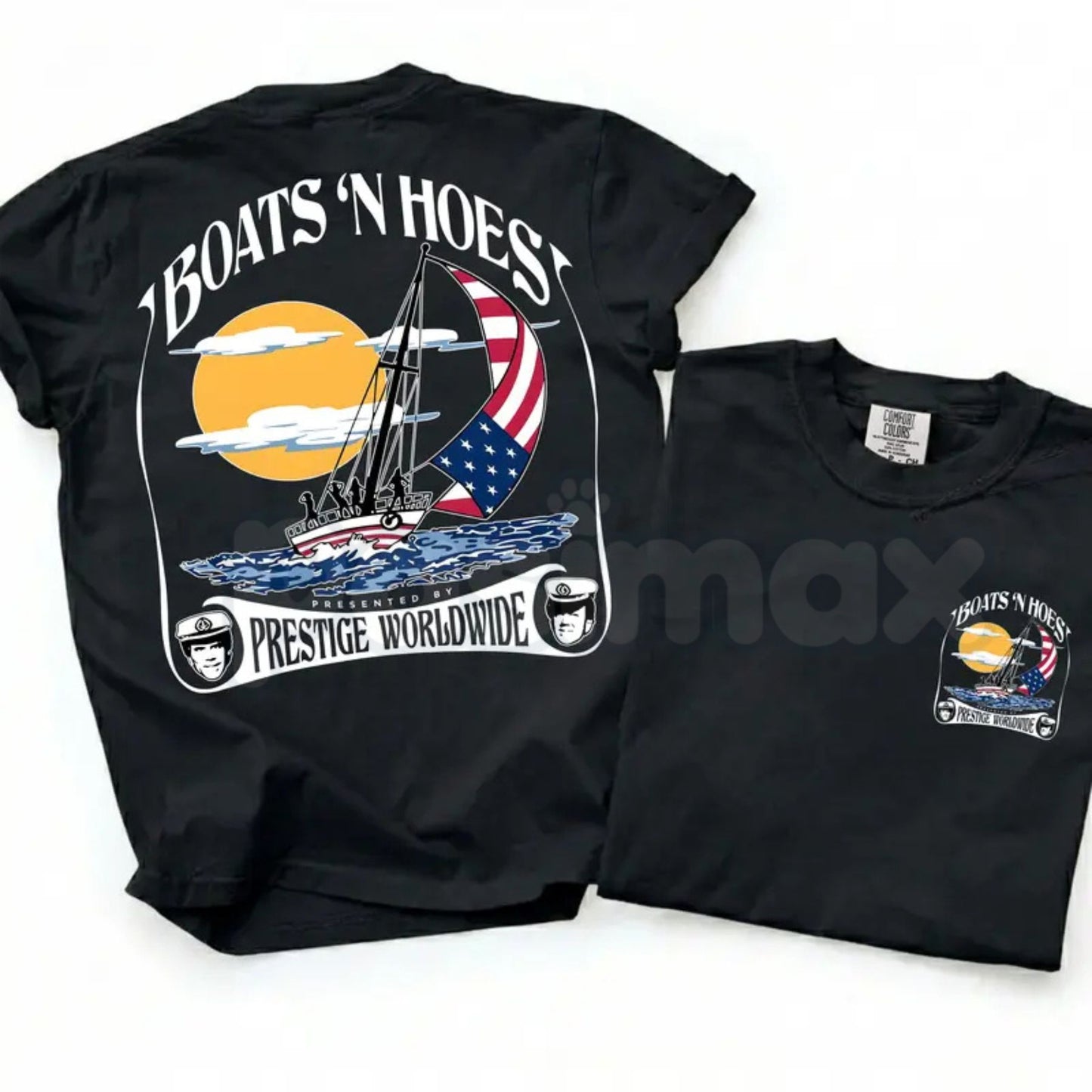 Comfort Colors® "Boats and Hoez" T-Shirt – Retro Step Brothers Movie Graphic Tee, Prestige Worldwide Yacht Party Shirt, Funny Cult Classic Comedy Top