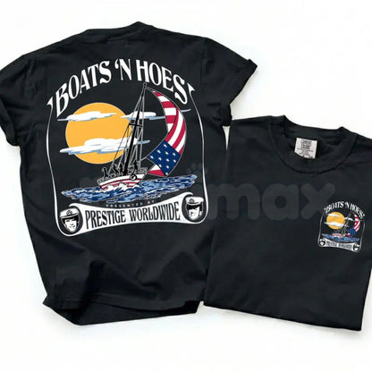 Comfort Colors® "Boats and Hoez" T-Shirt – Retro Step Brothers Movie Graphic Tee, Prestige Worldwide Yacht Party Shirt, Funny Cult Classic Comedy Top