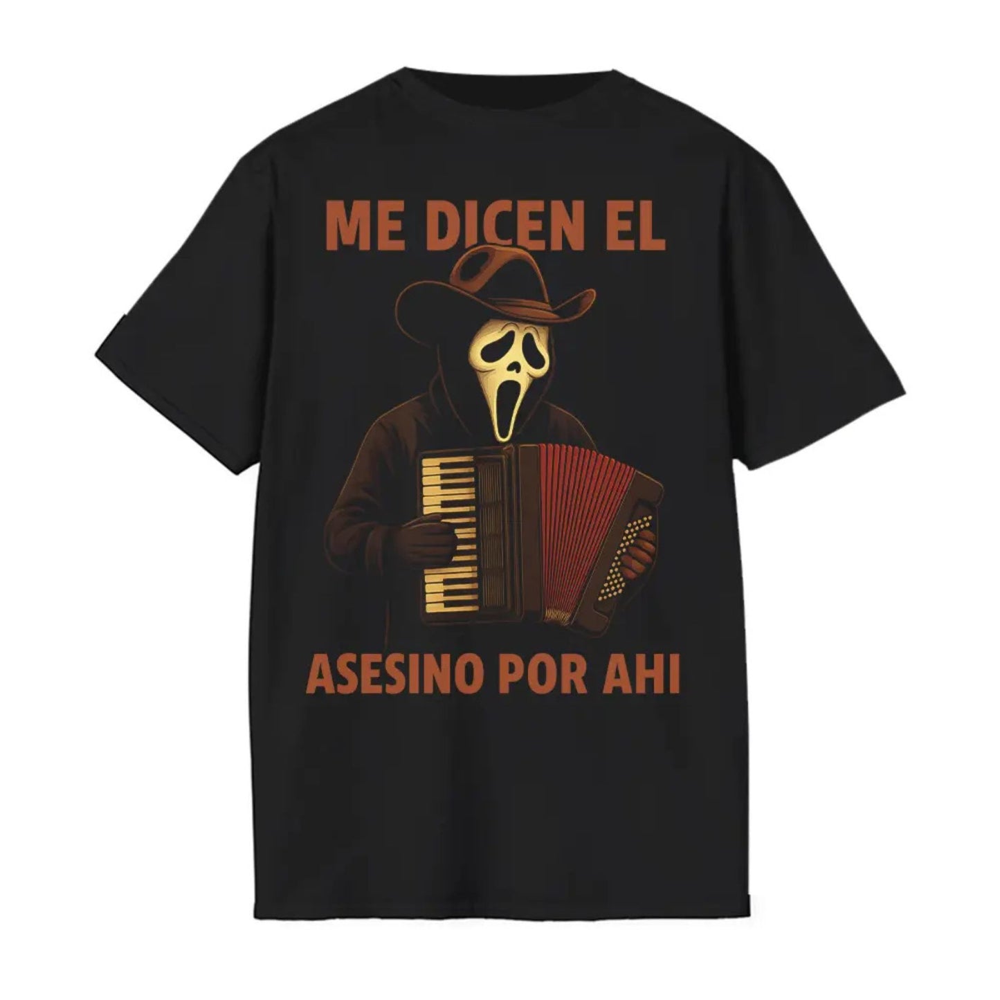 "Me Dicen El Asesino Por Ahi" T-Shirt - Funny Horror Movie Villains Accordion Tee, Jason, Freddy, Ghostface, Michael Myers