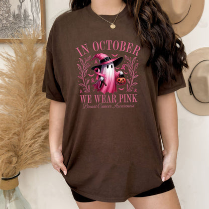 In October We Wear Pink Ghost T-Shirt - Breast Cancer Awareness & Halloween Tee, Pink Ribbon Shirt