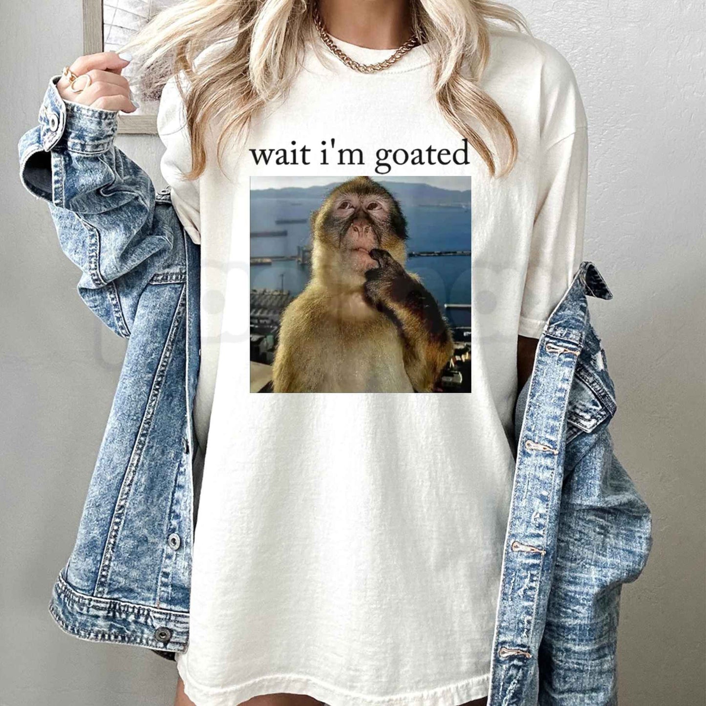 Wait I'm Goated Funny Thinking Monkey Meme T-Shirt – Viral Brainrot Humor Unisex Cotton Streetwear Graphic Tee