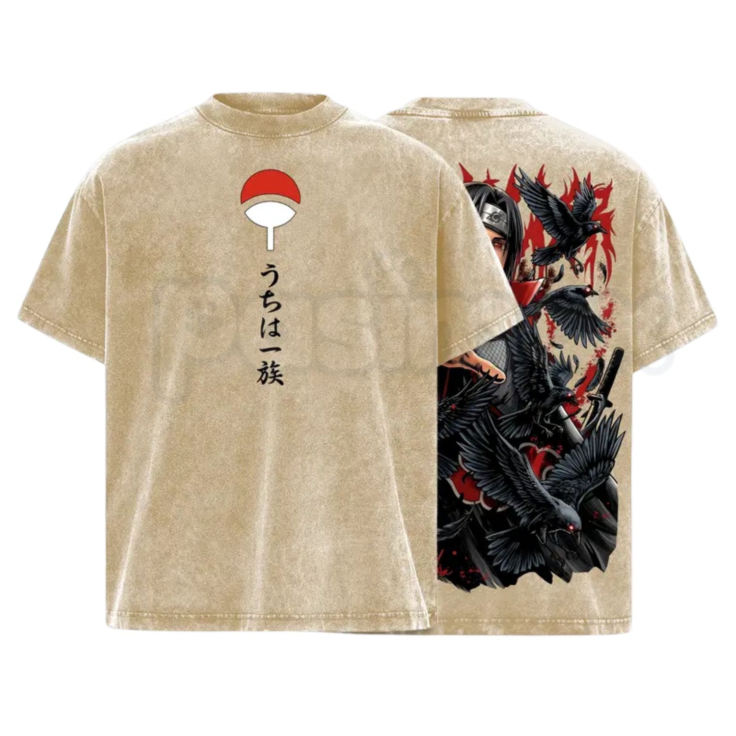 Uchiha Clan Slayer Red Eye T-Shirt – Crow Illusion Shinobi Graphic Tee, Oversized Vintage Washed Dark Ninja Streetwear