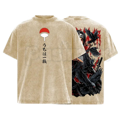 Uchiha Clan Slayer Red Eye T-Shirt – Crow Illusion Shinobi Graphic Tee, Oversized Vintage Washed Dark Ninja Streetwear