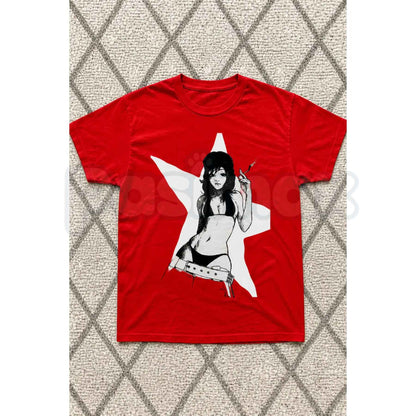 Cyberpunk Red Star Anime Girl T-Shirt – Vintage Futurist Unisex Graphic Tee