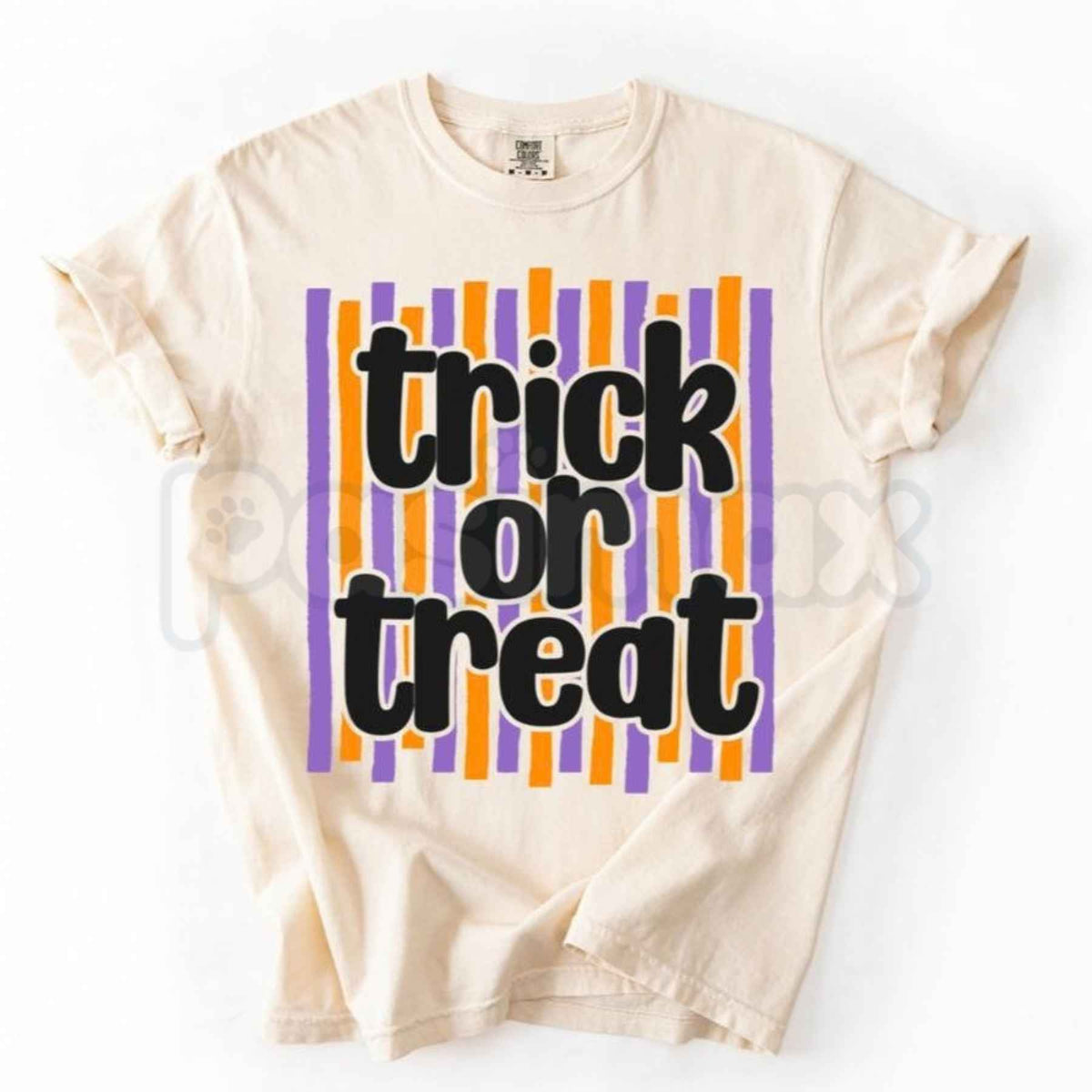 Comfort Colors® Trick or Treat Preppy Striped T-Shirt – Retro Pink & Orange Halloween Graphic Tee, Spooky Season Unisex Top & Gift