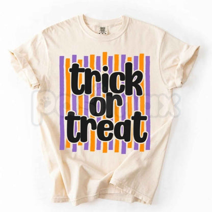 Comfort Colors® Trick or Treat Preppy Striped T-Shirt – Retro Pink & Orange Halloween Graphic Tee, Spooky Season Unisex Top & Gift
