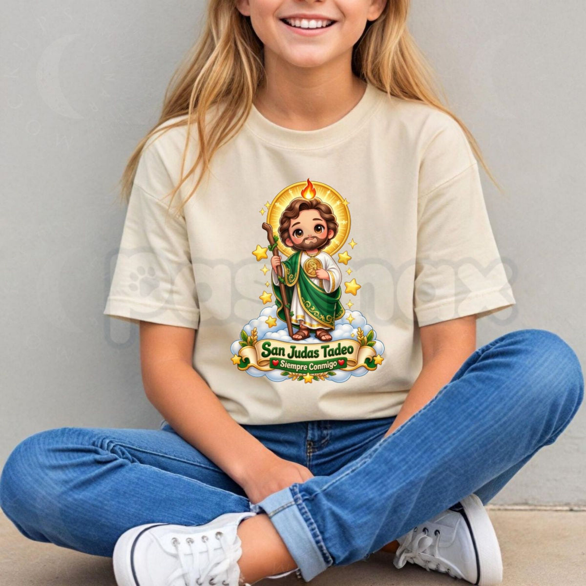 San Judas Tadeo Siempre Conmigo Cute Chibi Cartoon T-Shirt for Boys and Girls