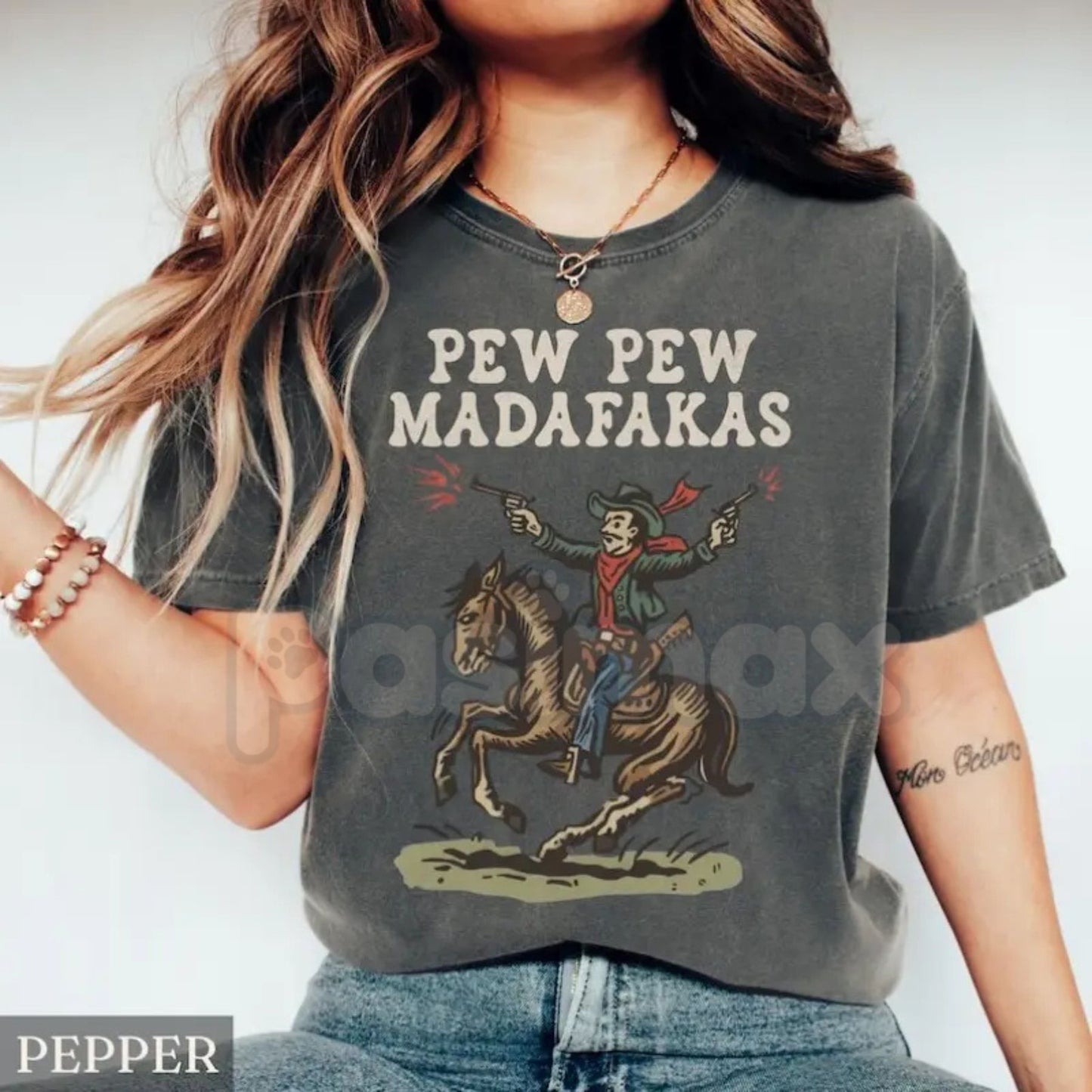 Comfort Colors® Retro Cowboy "Pew Pew Madafakas" T-Shirt – Funny Sarcastic Western Graphic Tee, Vintage Rodeo Aesthetic Shirt, Trendy Cowboy Gift